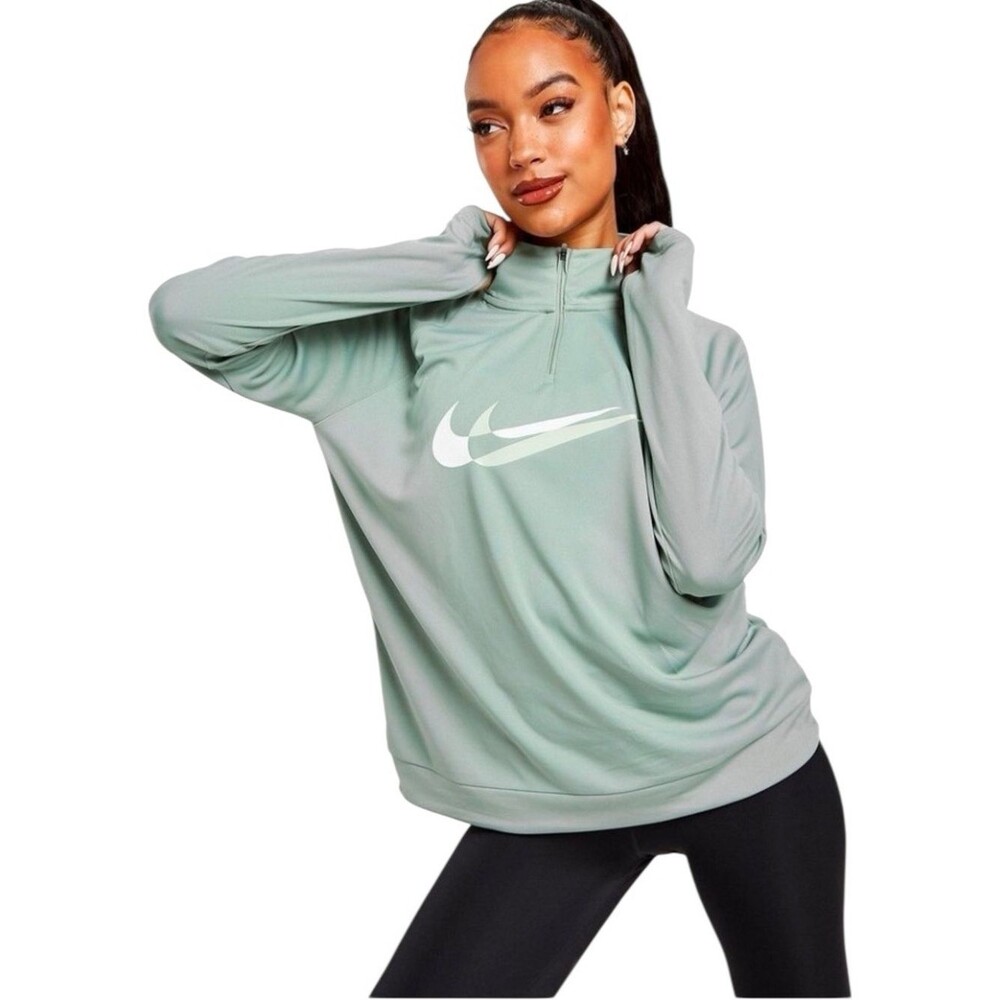 NIKE Women's Swoosh Run Quarter-Zip Dri Fit Pullover in Sage Green